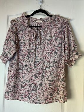 Solitaire Floral Blouse Size M Gray Pink Burgundy Gold Metallic Lightweight